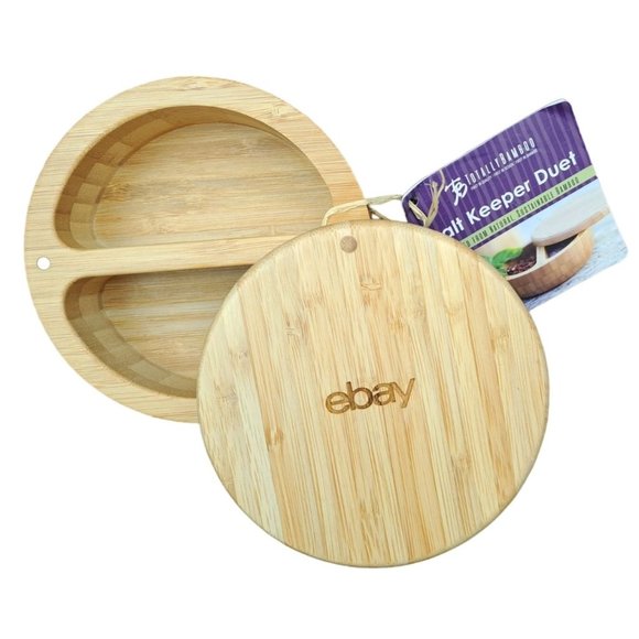 Totally Bamboo Salt Keeper Bowl Duet eBay Branded Etched Swivel Slide Top Promo - Picture 1 of 5